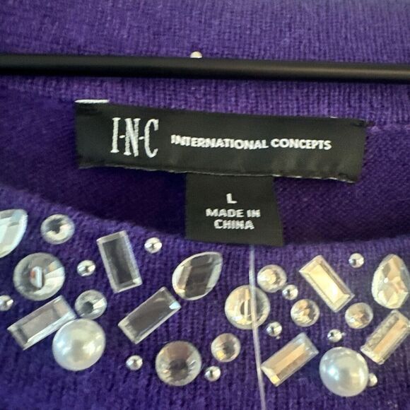 INC Concepts Jewel Cut Out Sweater L Purple Cashmere Silk Holiday Cold Shoulder - Picture 3 of 11